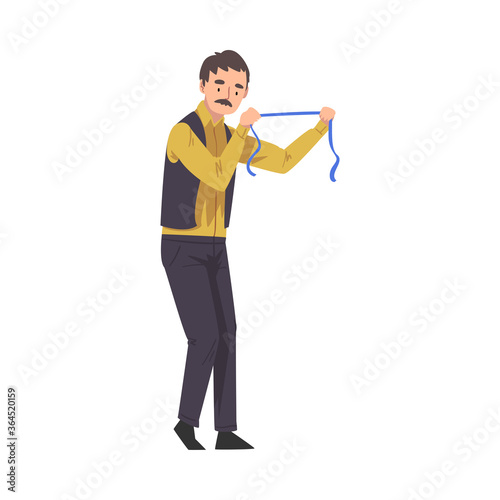 Dressmaker with Measuring Tape, Male Clothing Designer Tailor Working at Atelier Vector Illustration