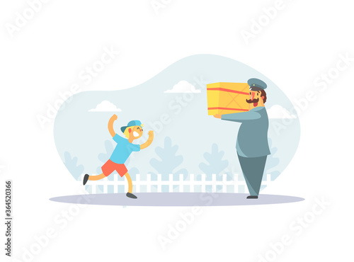 Happy Boy Running to Postman in Uniform Delivering Parcel Vector Illustration