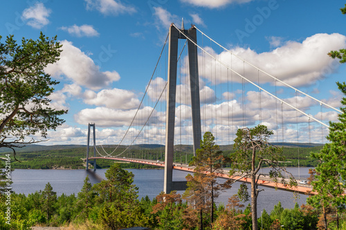 The High Coast Bridge in northern Sweden is a suspension bridge over the Angerman river between Kramfors and Harnosand municipalities in Adalen