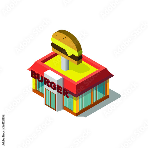 The building isometric, the fast food restaurant. Burger logo on the building.eps