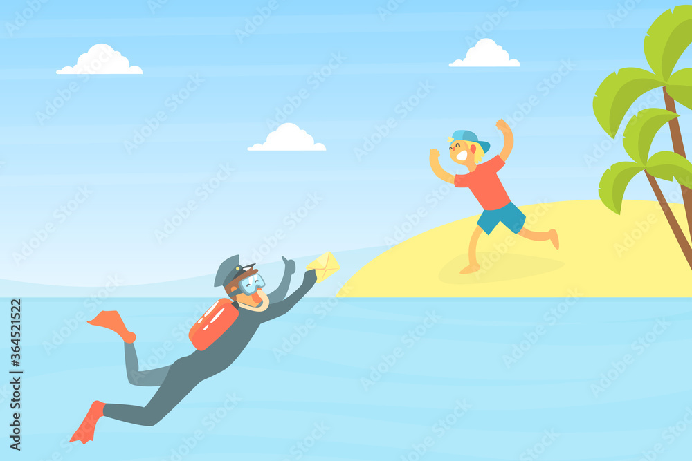 Happy Boy Running to Postman in Uniform with Scuba Diving Mask Delivering Letter bo Water Vector Illustration