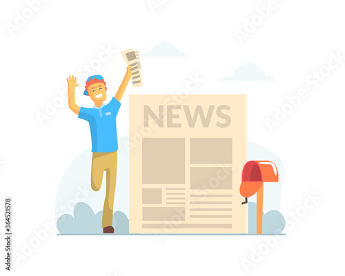 Smiling Boy Courier Delivering Newspapers to Mailbox Vector Illustration