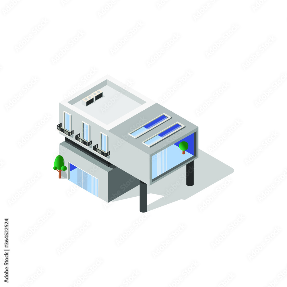 Modern building with panoramic windows. Isometric style.eps