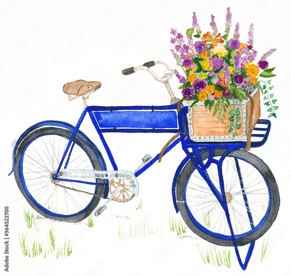 Fototapeta Blue bike with flowers in a box