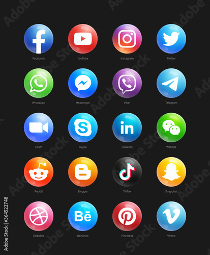 Popular Social Media Modern 3d Round Web Icons Vector Set On Black Background Facebook Youtube Instagram Whatsapp Twitter Tiktok Viber Behance Linkedin Zoom Snapchat Skype Wechat Reddit Pinterest Stock Vector Adobe