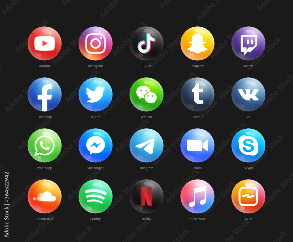 Popular Social Media Network Modern 3D Round Web Icons Vector Set On Black  Background. Facebook Youtube Instagram Whatsapp Twitter Tiktok Twitch  Netflix Linkedin Zoom Snapchat Skype Wechat Reddit Stock Vector | Adobe