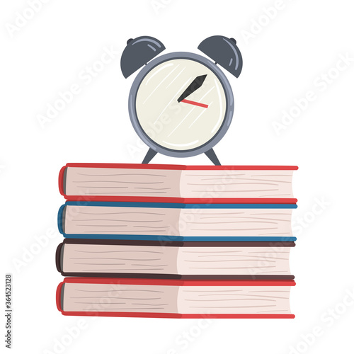 Classic Alarm Clock on Stack of Books, Education Time Concept Vector Illustration