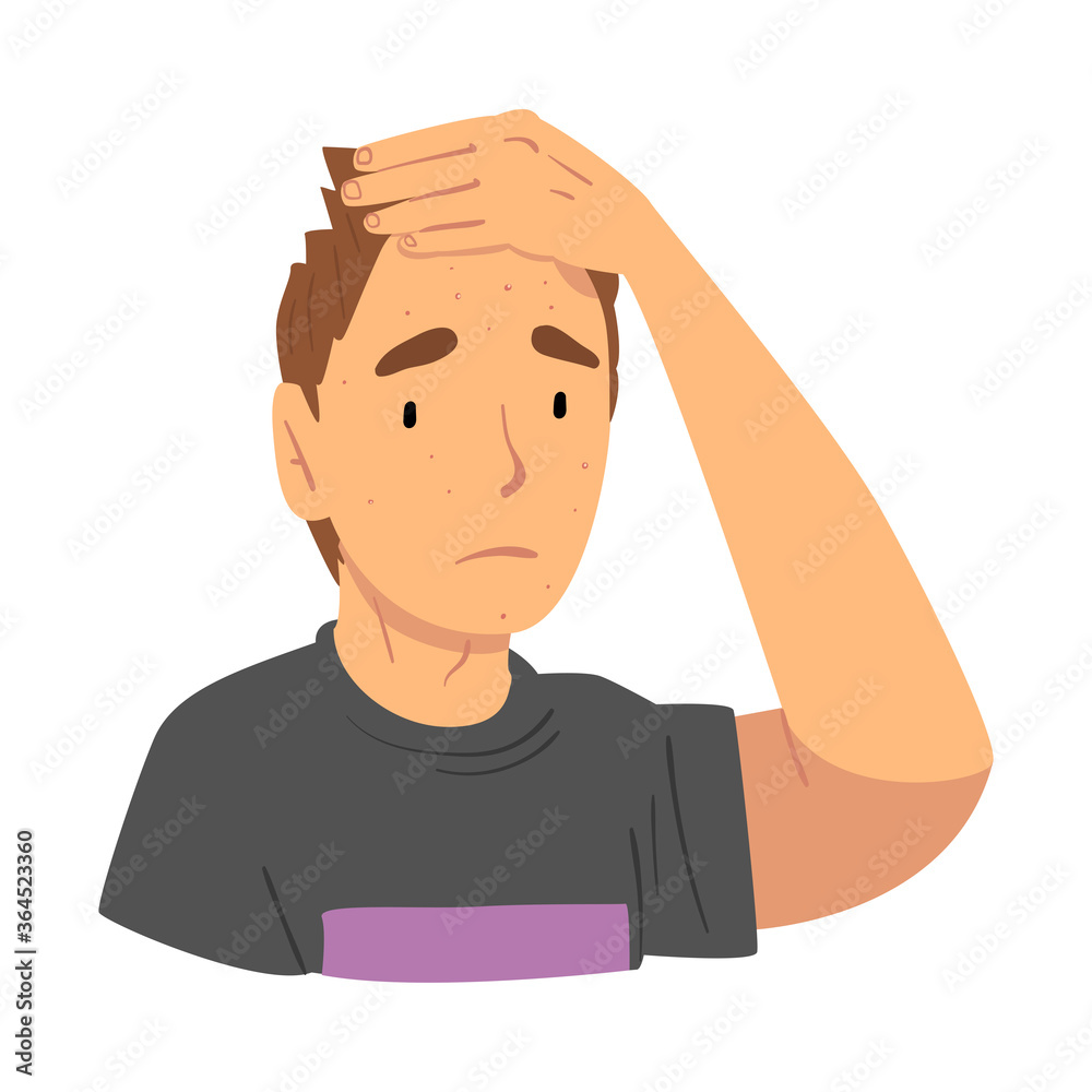 Face of Teenage Boy with Skin Problems, Depressed Boy with Acne Vector Illustration