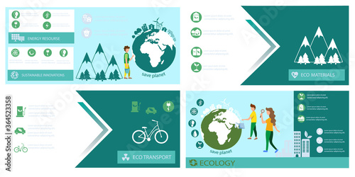 Ecology banner set template Vector. Earth, energy, Eco transport and sustainable materials. Green info graphic icons