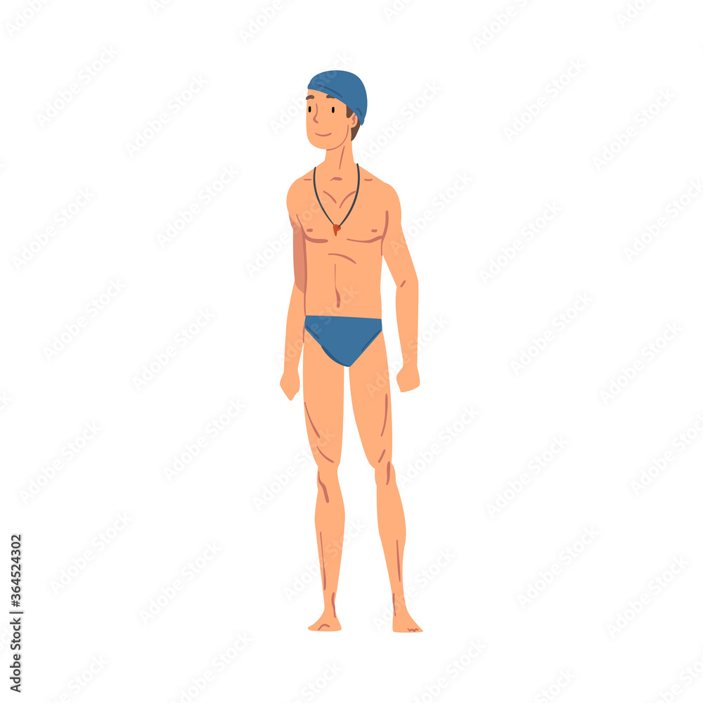 Man Swimmer, Male Athlete Character in Shorts and Cap Vector Illustration on White Background
