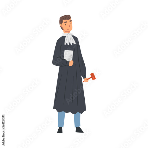 Professional Judge, Male Court Worker Character in Judicial Robe Standing with Hammer Vector Illustration on White Background