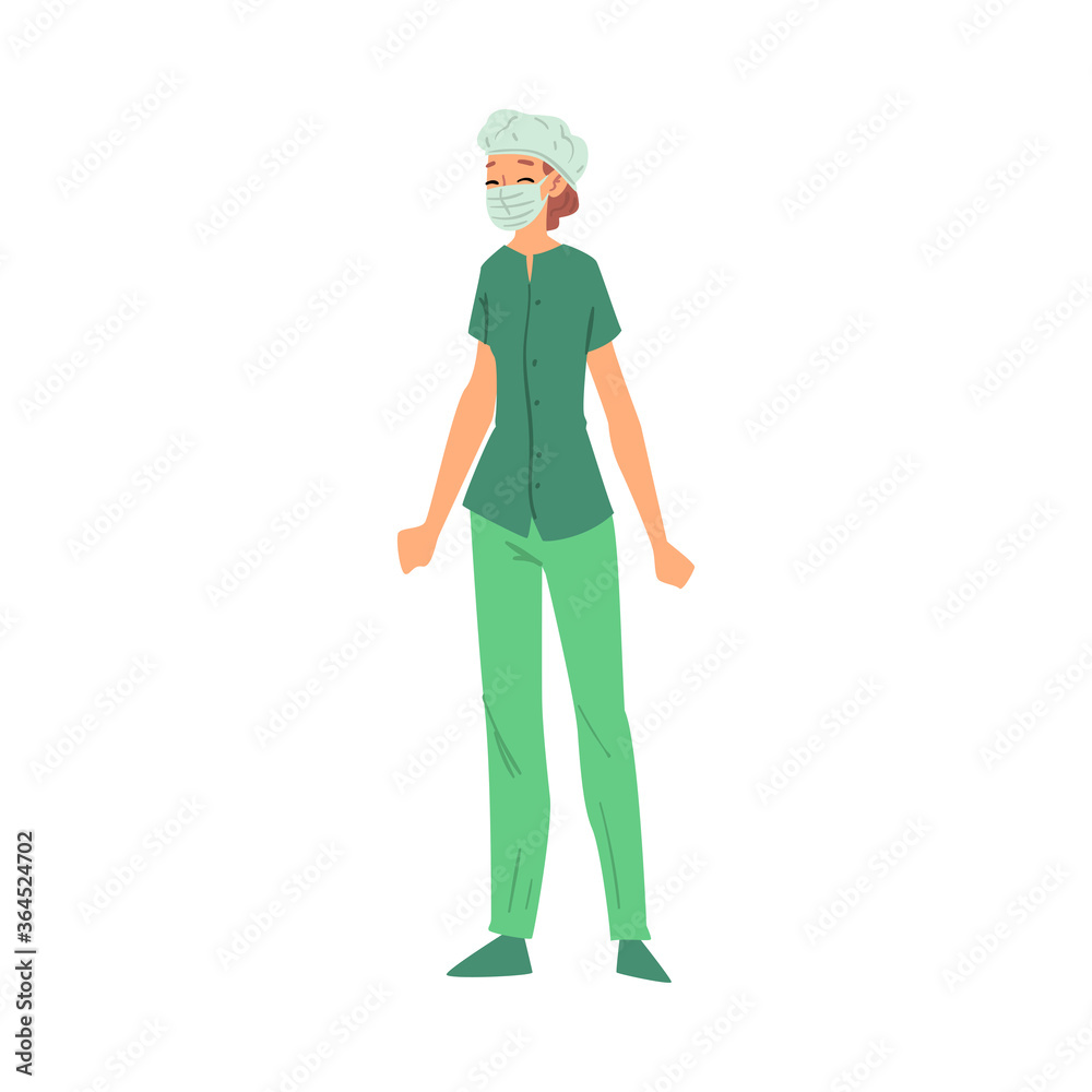 Female Doctor or Nurse, Medical Worker Character Wearing Uniform and Disposable Surgical Face Mask Vector Illustration on White Background