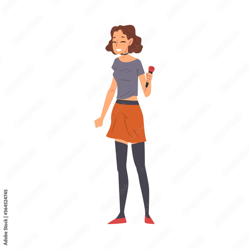 Young Woman with Microphone, Reporter or Singer Character Vector Illustration on White Background Young Woman with Microphone, Reporter or Singer Character Vector Illustration on White Background