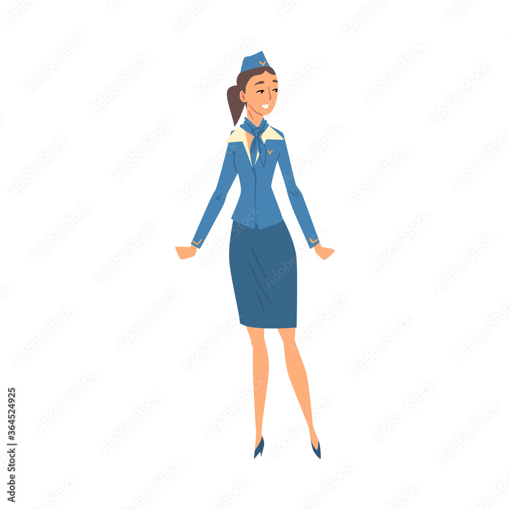 Stewardess in Blue Uniform, Flying Attendant or Air Hostess Character Vector Illustration on White Background