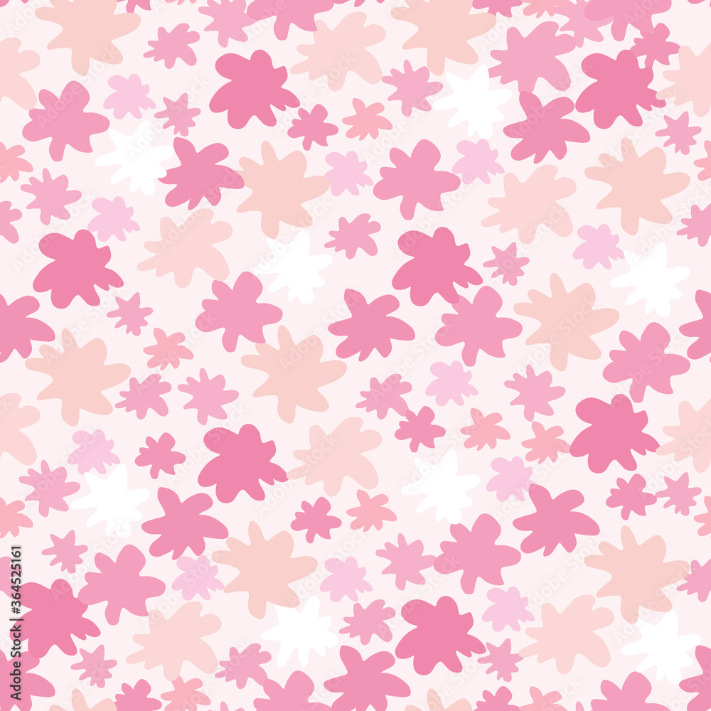 Random small and middle star shapes isolated seamless pattern. Figures in pink tones on white background. Random small and middle star shapes isolated seamless pattern. Figures in pink tones on white background.