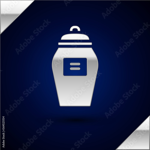 Silver Funeral urn icon isolated on dark blue background. Cremation and burial containers, columbarium vases, jars and pots with ashes. Vector.