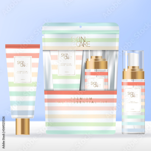 Vector Travel or Summer Beach Toiletries or Skin Care Set in Sachet or Packet Packaging with Rainbow Stripe Pattern Design.