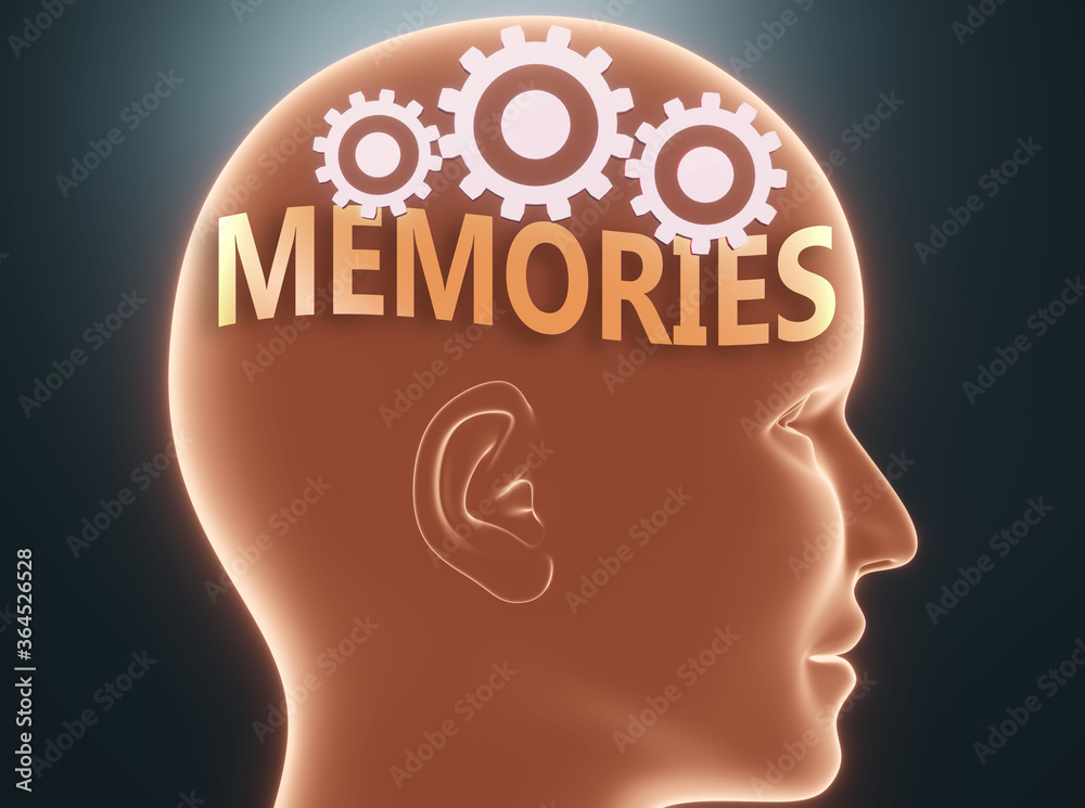 Memories inside human mind - pictured as word Memories inside a head with cogwheels to symbolize that Memories is what people may think about and that it affects their behavior, 3d illustration