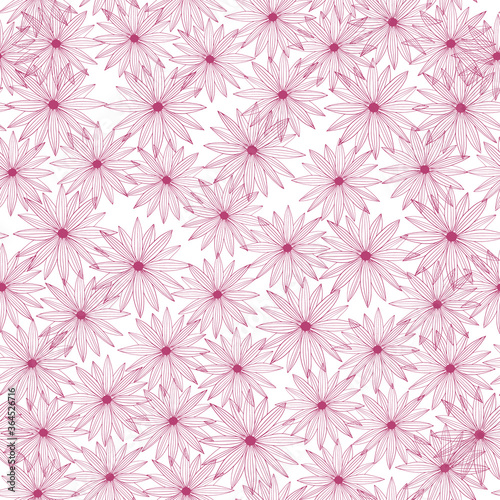 Random seamless pattern pink flowers on a white background. Vintage hand-drawn sketch with daisy. © smth.design
