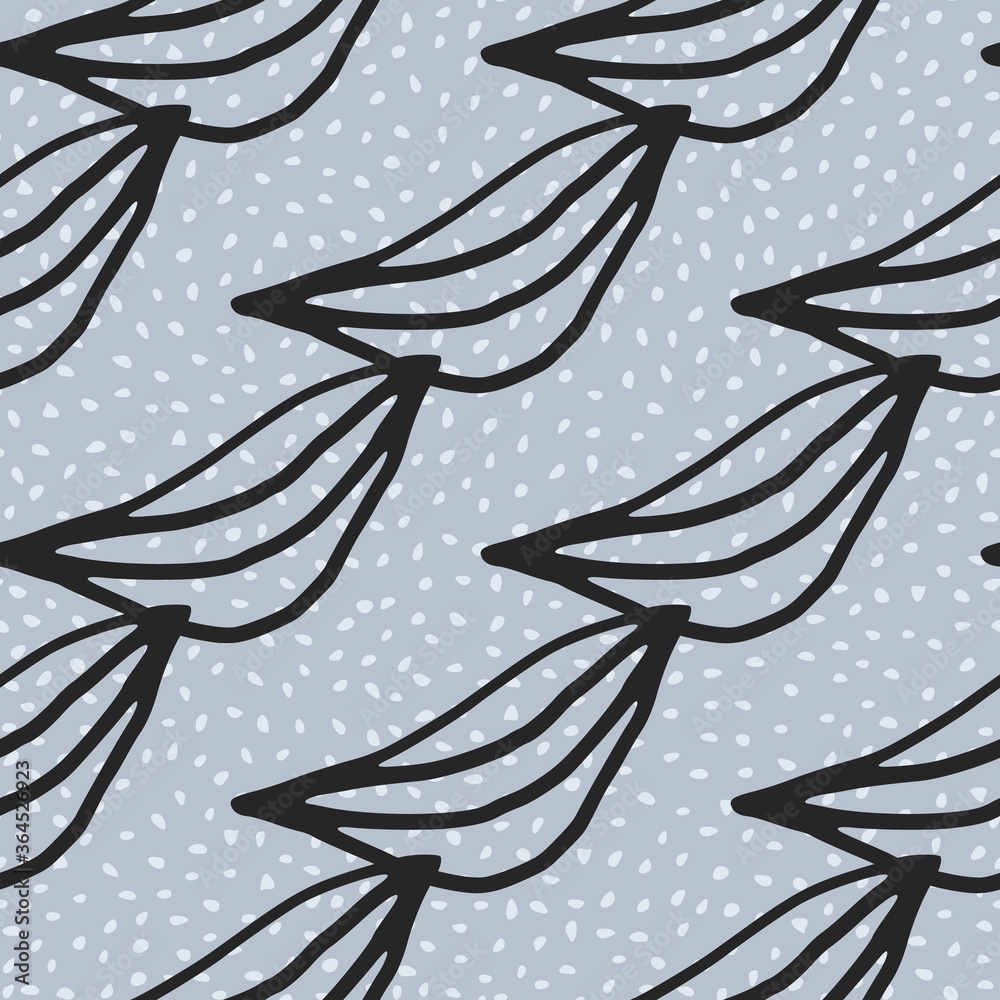 Black outline leaves seamless pattern. Blue background with black dots. Simple botanical backdrop. Black outline leaves seamless pattern. Blue background with black dots. Simple botanical backdrop.