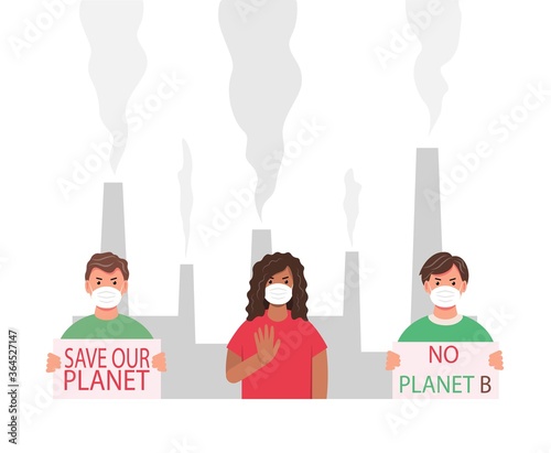 A group of people protesting against air pollution and the environment. Ecology concept. Masked activists protesting. Environment protection. Eco - activists with posters. Vector illustration.