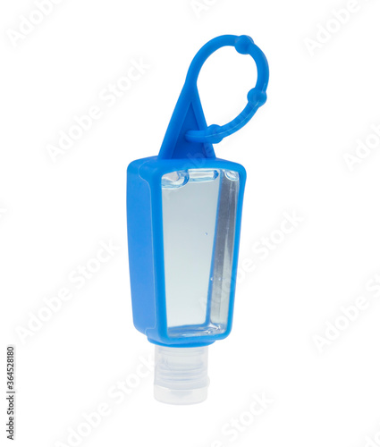 Clear hand sanitizer keychain blue isolated on white background