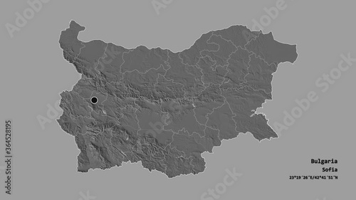 Vidin, province of Bulgaria, with its capital, localized, outlined and zoomed with informative overlays on a bilevel map in the Stereographic projection. Animation 3D photo