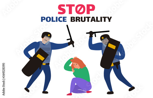 stop police brutality two policemen in uinform attack a sitting crying woman vector illustration