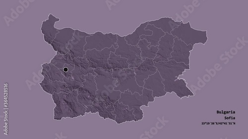 Yambol, province of Bulgaria, with its capital, localized, outlined and zoomed with informative overlays on a administrative map in the Stereographic projection. Animation 3D photo