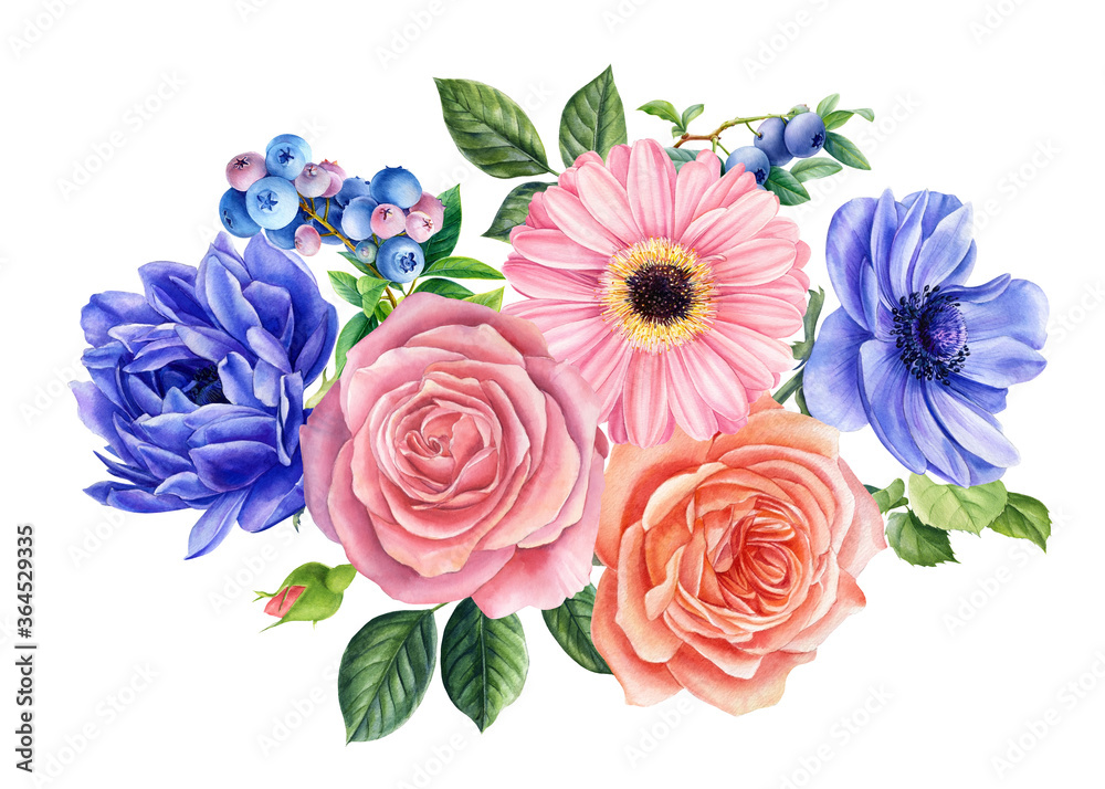 Bouquet of flowers on a white background. Watercolor delicate flowers roses, leaves, gerbera, blueberries Bouquet of flowers on a white background. Watercolor delicate flowers roses, leaves, gerbera, blueberries