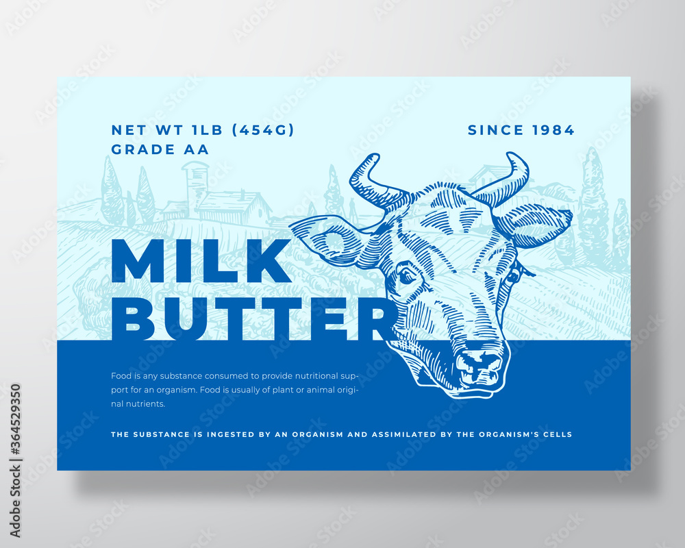 Milk Butter Dairy Food Label Template. Abstract Vector Packaging Design