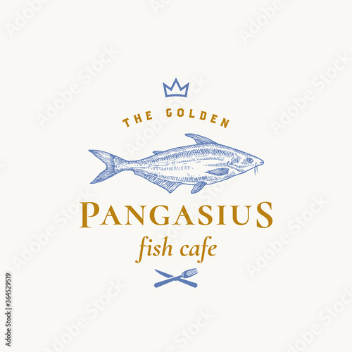 Golden Pangasius Abstract Vector Sign, Symbol or Logo Template. Hand Drawn Basa Fish with Classy Retro Typography. Crown, Fork and Knife Icon. Restaurant or Cafe Vector Emblem.