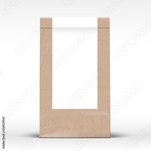 Craft Paper Bag with Clear White Label Template. Realistic Carton Texture Packaging Mock Up with Soft Shadow.