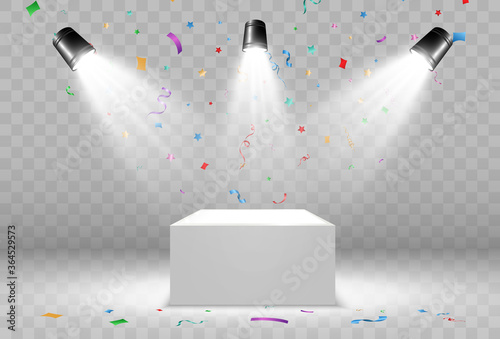 White podium or platform with spotlights. A pedestal for rewarding the winners.