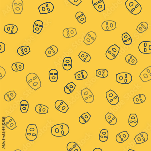 Blue line Thief mask icon isolated seamless pattern on yellow background. Bandit mask, criminal man. Vector Illustration.