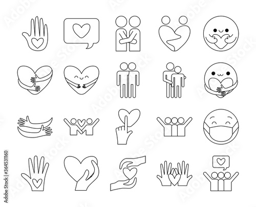 Hug and love line style icon set vector design