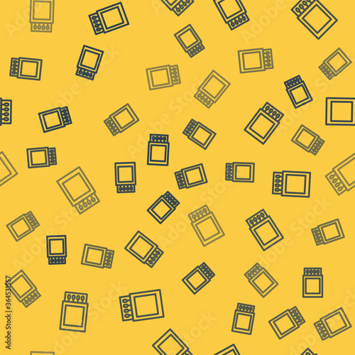 Blue line Open matchbox and matches icon isolated seamless pattern on yellow background. Vector Illustration.