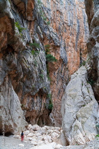 A woman is walking between the red rocks of the canyon Gorropu in Urzulei,  Sardinia