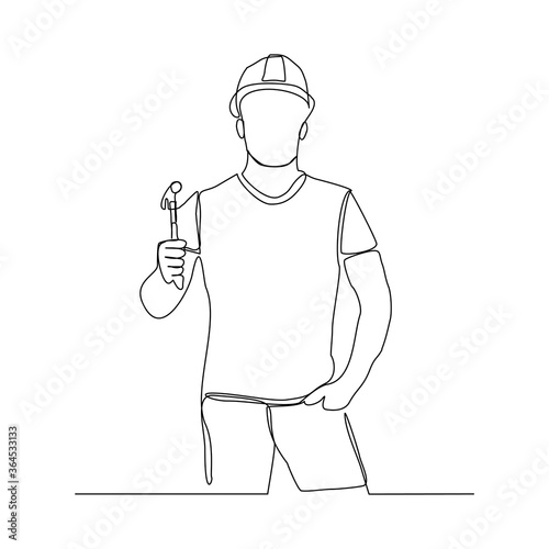 Continuous line drawing of craftman repair man foreman building engineer wearing helmet holding hammer to repair and maintenance something. Vector illustration