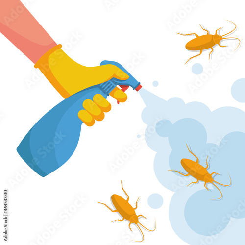 Pest control banner concept. Man exterminator holds a sprayer in hands spraying pesticide. Destruction bug. Service to protect the house. Vector illustration flat design. Isolated on white background.
