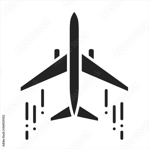 Airplane black glyph icon. Powered, fixed-wing aircraft. Propelled forward by thrust from a jet engine. Pictogram for web page, mobile app, promo. UI UX GUI design element.