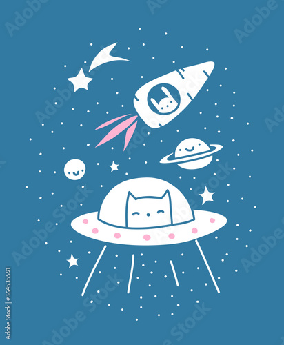 Cute illustration of a cat in a spaceship with a bunny in a carrot shaped rocket in the background.