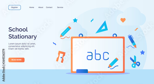 School Stationary white board icon campaign for web website home homepage landing template banner with cartoon flat style