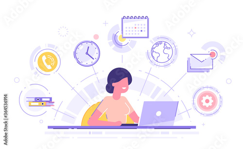 Happy business woman with multitasking skills sitting at his laptop with office icons on a background. Freelance worker. Multitasking, time management and productivity concept. Vector illustration. photo