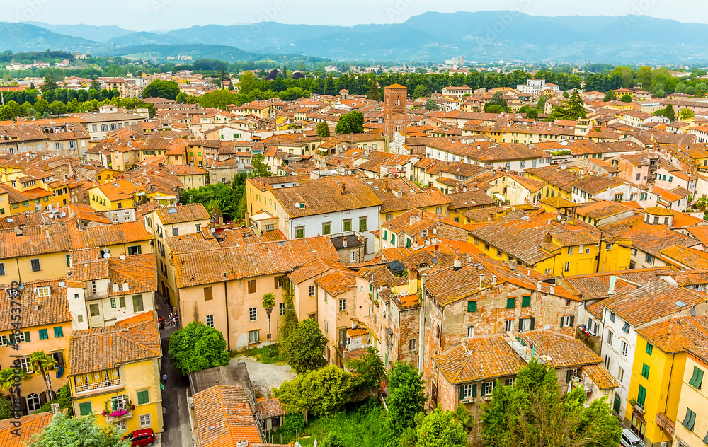 A view from the Guinigi Tower across the roof tops towards the Botanical Gardens in Lucca, Italy in summer