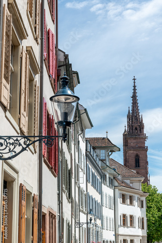 view of the historic old city center in downtown Basel with the cathedrail in the background photo