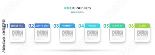 Concept of shopping process with 6 successive steps. Six colorful graphic elements. Timeline design for brochure, presentation, web site. Infographic design layout.