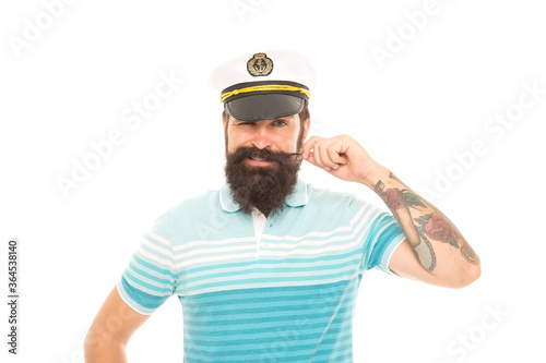 Calm down Im sailor. Happy sailor isolated on white. Sailor or seaman twirl moustache. Mariner sailor wear captain uniform. Navy and marine. Traveling and wanderlust. Sailing is my passion