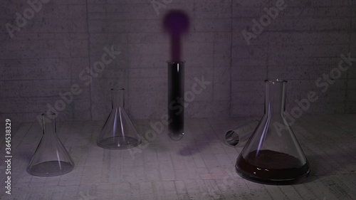 A test tube in the center with smoke lists from it. Scientific composition with chemical biological equipment