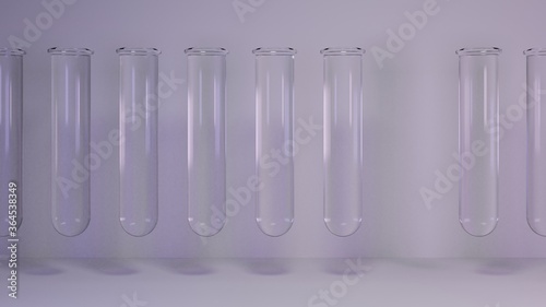 Composition with test tubes on a white background. Chemical scientific composition with test tubes and a light purple color.